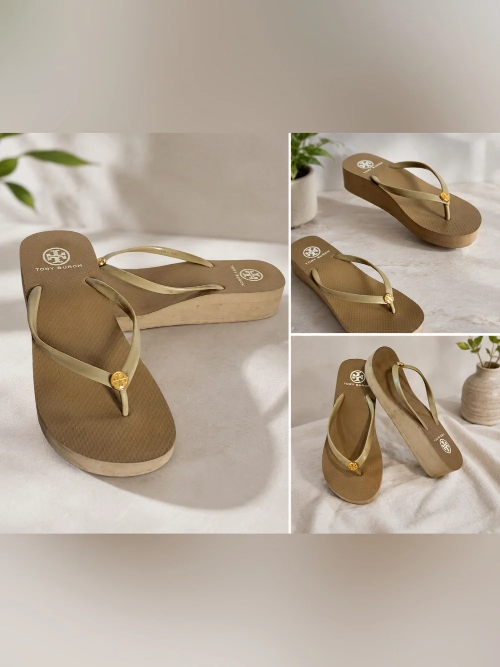Tory Burch Beige Platform Flip Flop Wedge Sandals with Gold Logo
